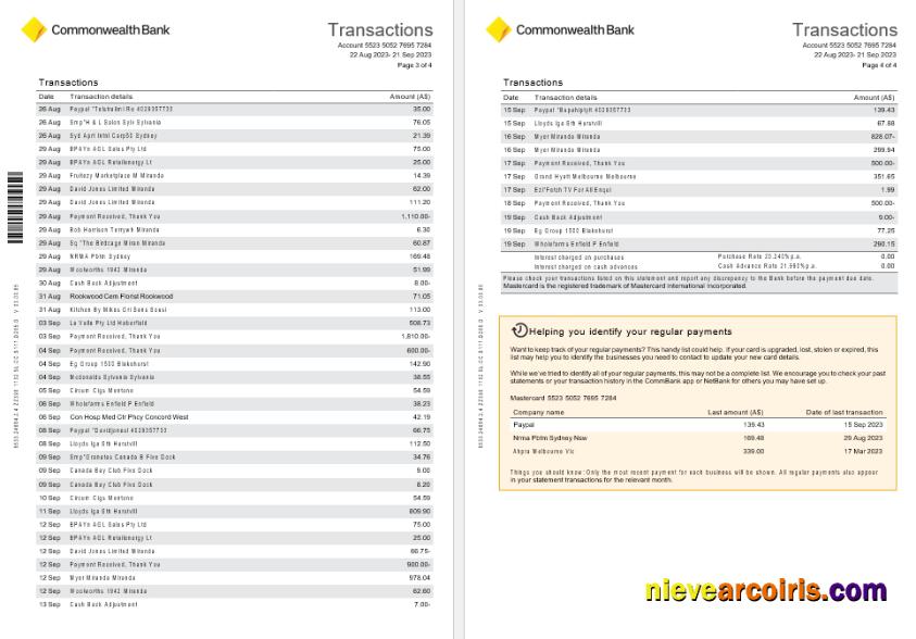 Australia NSW Commonwealth bank Diamond Awards Credit card statement, 4 pages scr2